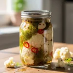 Zelfgemaakte ingelegde bloemkool in een kruidige azijnpekel, een knapperige en gezonde snack uit de RootsFood voorraadkast.