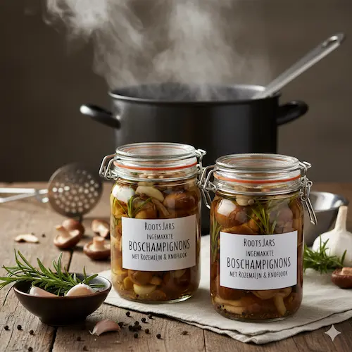 Boschampignons ingemaakt in een glazen pot met verse rozemarijn en knoflook voor een intense smaak.
