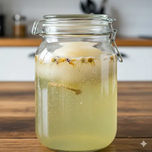 Jun fermentatie: de 'champagne onder de kombucha's' gemaakt met witte thee en rauwe honing.