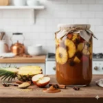 Ambachtelijke karamel appel en kaneel Tepache, een Mexicaanse gefermenteerde ananasdrank met warme winterse specerijen.