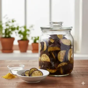 Karashizuke aubergine, een pittig gefermenteerd bijgerecht met de karakteristieke smaak van mosterdzaad.