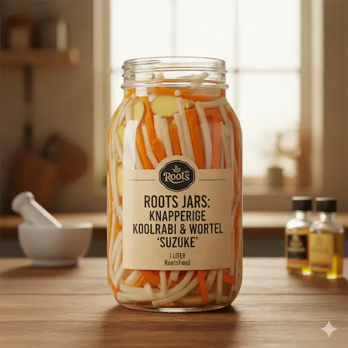 Knapperige Suzuke van koolrabi, wortel en gember, in azijn ingelegde groenten met een frisse smaak.