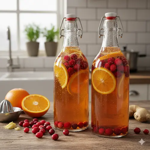 Zelfgemaakte kombucha met cranberry en sinaasappel, een sprankelende gefermenteerde thee voor de feestdagen.