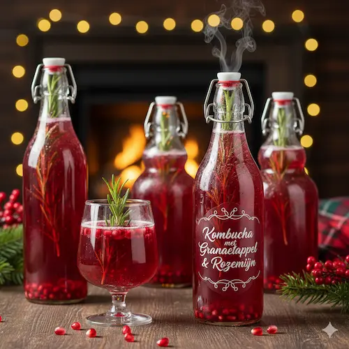 Kombucha tweede fermentatie (F2) met granaatappel en rozemarijn voor een verfijnde bubbel.