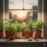 Diverse aromatische keukenkruiden binnen kweken in potjes op een lichte plek in de keuken.