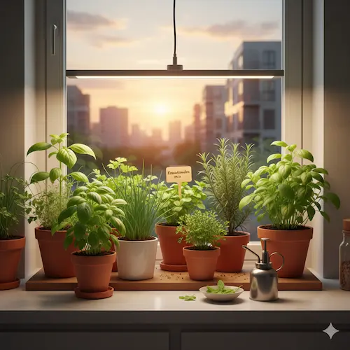 Diverse aromatische keukenkruiden binnen kweken in potjes op een lichte plek in de keuken.