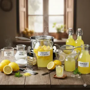 Zelfgemaakte Limoncello met biologische citroenen, een fris en heldergeel digestief volgens traditioneel RootsFood recept.