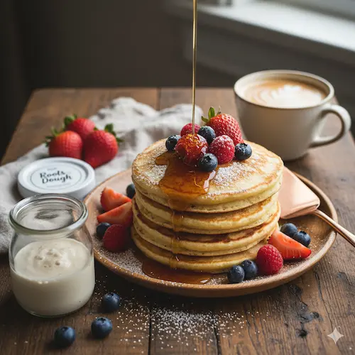 Stapel luchtige zuurdesempannenkoeken gemaakt van overgebleven desemstarter (discard) voor een gezond ontbijt.