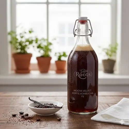 Mocha Velvet koffie kombucha, een luxe gefermenteerde drank met de rijke aroma's van koffie en cacao.