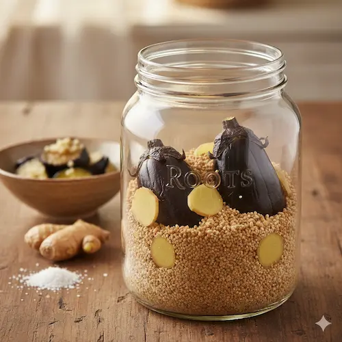 Nukazuke aubergine met gember, een klassiek Japans fermentatiegerecht met een zijdezachte structuur.