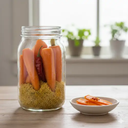 Nukazuke wortels gefermenteerd in een traditionele rijstevlies-bed (nukadoko) met verwarmende specerijen.
