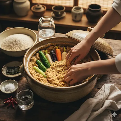 Nukazuke fermentatie: diverse groenten die rijpen in een traditioneel Japans nukadoko bed van rijstevlies.