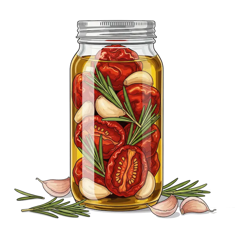 Olieconserven icoon: groenten en kruiden conserveren in hoogwaardige oliën.
