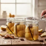 Geweckte peren op siroop met steranijs en kaneel, een aromatisch dessert uit de voorraadkast.