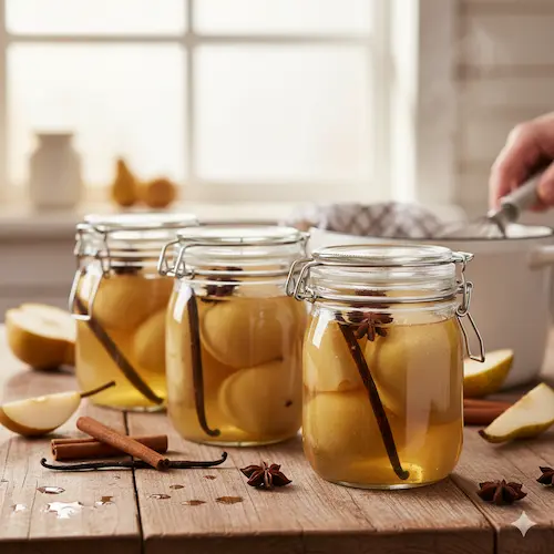 Geweckte peren op siroop met steranijs en kaneel, een aromatisch dessert uit de voorraadkast.