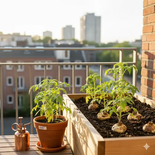 Jonge moestuinplanten buiten afharden in april om ze te laten wennen aan de buitentemperatuur en wind.