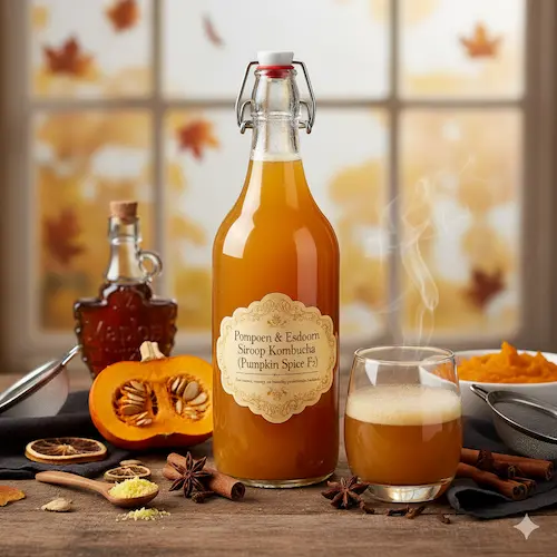 Herfst kombucha met pompoen en esdoornsiroop (maple syrup), een hartverwarmende tweede fermentatie.