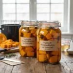 Geweckte pompoenblokjes op zoetzuur in een weckpot, een perfecte manier om de herfstoogst te bewaren.