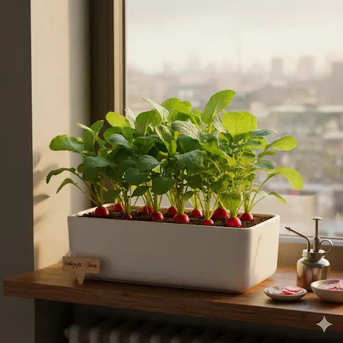 Knapperige rode radijsjes binnen kweken in een kweekbakje, een snelle en eenvoudige binnenteelt.