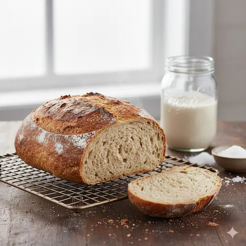 Ambachtelijk glutenvrij rijstmeel brood met een knapperige korst, gebakken volgens de RootsFood methode.