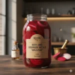 Robijnrode biet en rode ui ingelegd in Amazuzuke zoetzuur, een kleurrijke toevoeging aan elk gerecht.