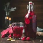 Ruby Recovery waterkefir, een dieprode probiotische drank boordevol antioxidanten voor natuurlijk herstel.