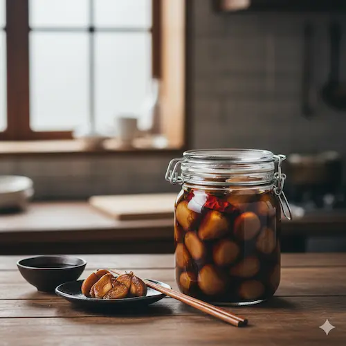 Shoyuzuke gefermenteerde knoflookteentjes in sojasaus, een krachtige smaakmaker die maandenlang is gerijpt.