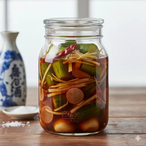 Shoyuzuke basisrecept: groenten inleggen in een marinade van sojasaus, mirin en gember.