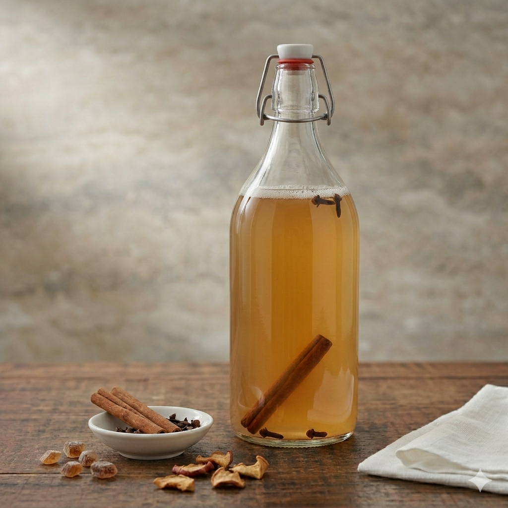 Een bruisend glas troebele appelcider met een kaneelstokje en verse appelschijfjes in een lichte, natuurlijke omgeving.