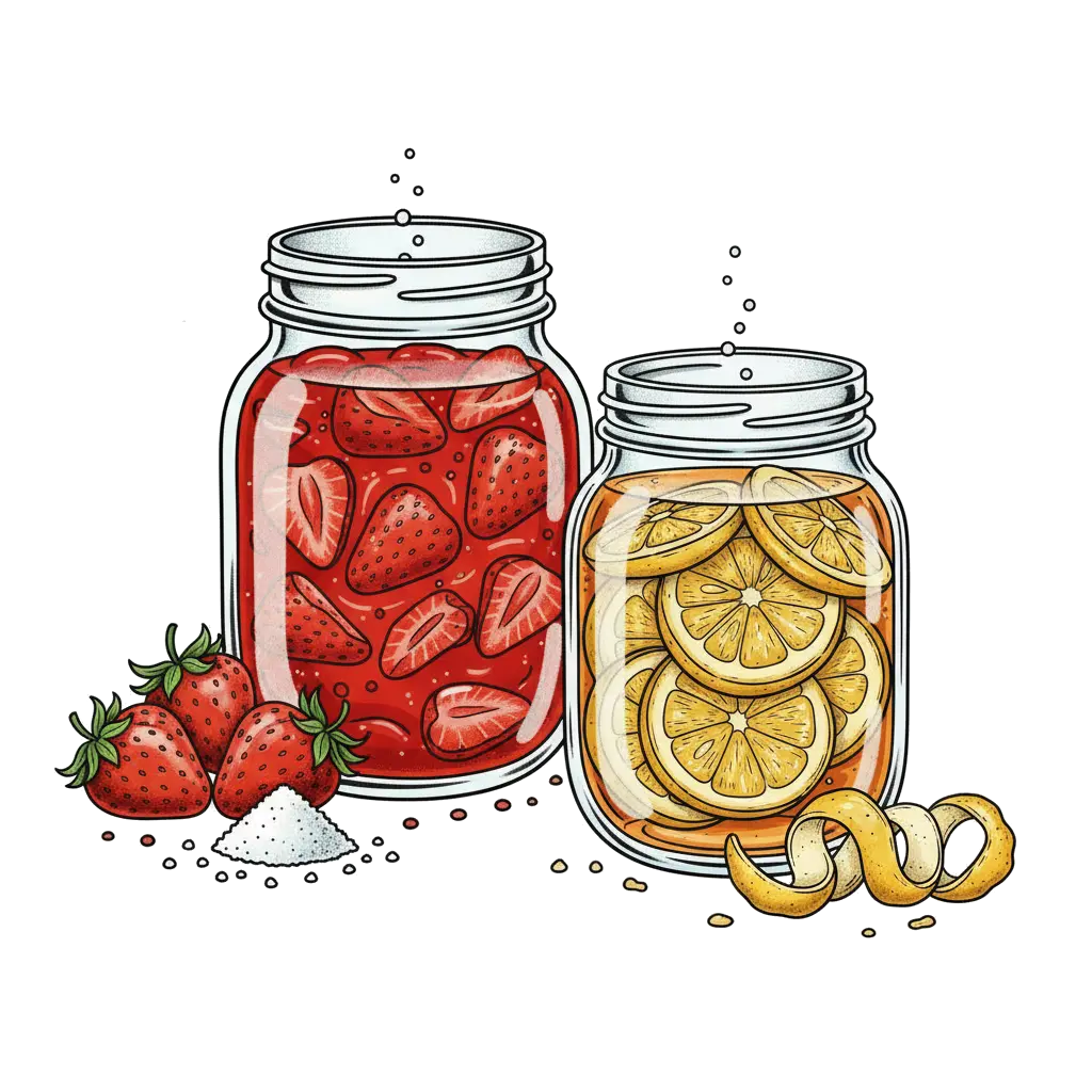 Suikerconserven icoon: fruit en bloesems bewaren door middel van suiker en siroop.