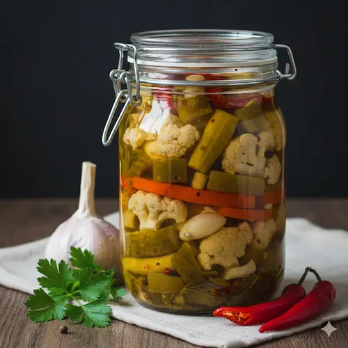 Turkse Turşu, traditioneel gefermenteerde gemengde groenten in een zoute pekel met knoflook.