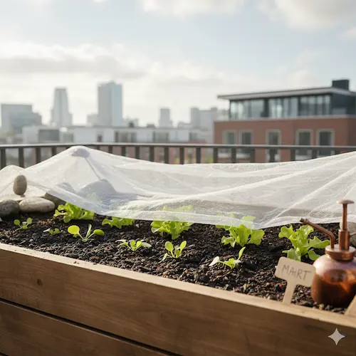 Jonge planten uitplanten in de moestuin met gebruik van vliesdoek om de bodem op te warmen in het vroege voorjaar.