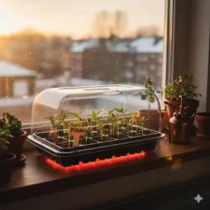Zaden verwarmd voorzaaien in februari op een kweekmat, voor een sterke start van pepers, tomaten en aubergines.