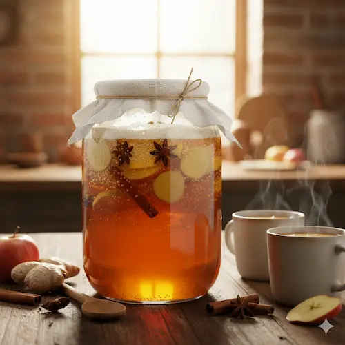 Warme gemberbug drank met appel en specerijen, een gezond en gefermenteerd alternatief voor warme punch.