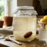 Zelfvoorzienend voedsel fermenteren: verse waterkefir met kefir-korrels en een dadel in een glazen weckpot.