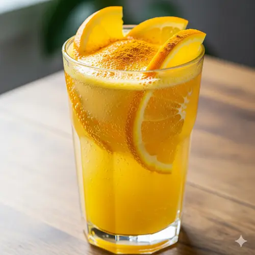 Goudgele waterkefir met kurkuma en sinaasappel, een ontstekingsremmende en probiotische limonade.