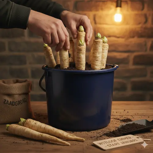 Zelf witloof trekken in een emmer in het donker, een ambachtelijke methode voor verse wintergroenten.