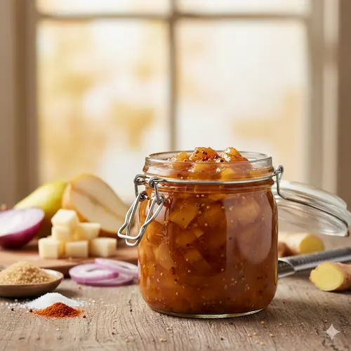 Zoetzure peren chutney met een vleugje chili, perfect voor bij een kaasplankje of gegrild vlees.