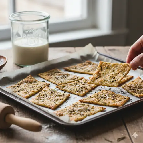 Knapperig zuurdesem cracker brood, een gezonde en ambachtelijke snack gemaakt van actieve desemstarter.