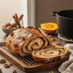 Zuurdesem Pumpkin Swirl brood met walnoten, een herfstig ambachtelijk brood met een prachtig patroon en rijke vulling.