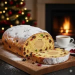 Zelfgemaakte zuurdesem roomboterstol met amandelspijs, een ambachtelijk kerstbrood met rijke vulling van RootsFood.