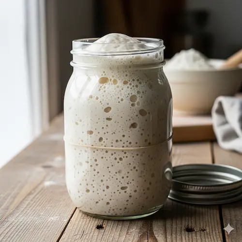 Actieve zuurdesem starter in een glazen pot, de microbiële basis voor alle RootsDough broodrecepten.