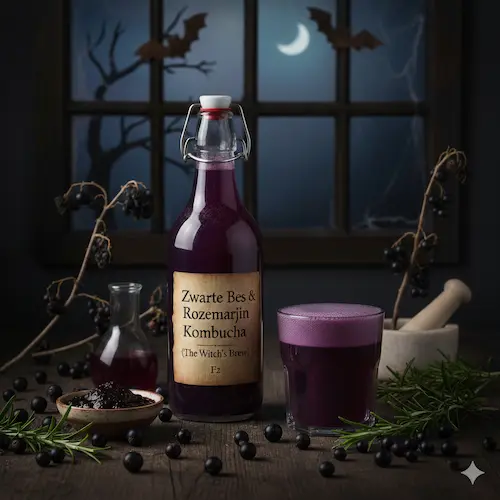 Zelfgemaakte kombucha met zwarte bes en verse rozemarijn, een aromatische gefermenteerde thee vol antioxidanten.