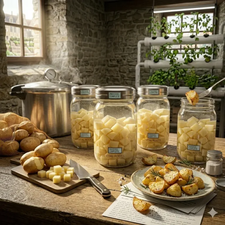 Een heldere, educatieve compositie over high pressure canning van aardappelen. Op een robuuste houten werkbank in een rustieke keuken staan vier glazen Roots Jars, gevuld met gelijkmatige aardappelblokjes in helder bewaarvocht. Op de voorgrond glanst een bord met goudbruin gebraden aardappelen met rozemarijn, naast rauwe aardappelen en een koksmes. Op de achtergrond staat een grote roestvrijstalen pressure canner met een manometer waar stoom uit ontsnapt, geflankeerd door handgeschreven receptkaarten en een hydrocultuur-systeem bij een zonnig raam.