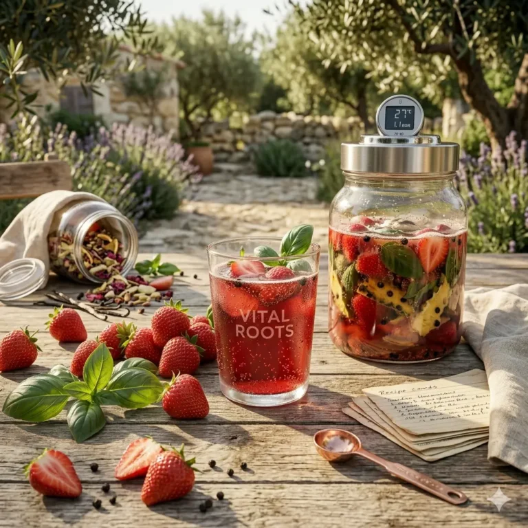Een sfeervol, zonnig beeld van een robijnrode aardbei-basilicum tepache op een houten buitentafel in een mediterrane tuin. In het midden staat een bruisend glas met het opschrift "VITAL ROOTS", gegarneerd met verse aardbeien en basilicum. Rechts staat een Roots Jar gevuld met fermenterende aardbeien, ananas en basilicum, voorzien van een digitale Fermit-meter. De voorgrond is gedecoreerd met verse aardbeien, basilicumblaadjes, zwarte peperkorrels en handgeschreven receptkaarten tegen een achtergrond van lavendel en olijfbomen.