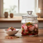 Asazuke van pittige radijs met kombu zeewier en chili, kort ingelegd voor een knapperige beet.