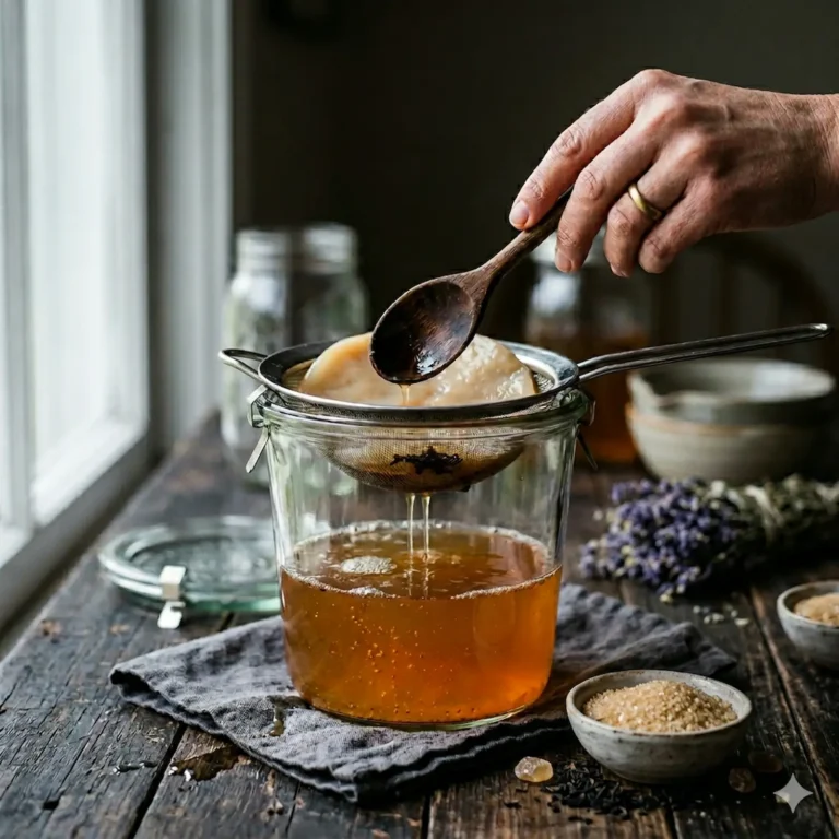 Het fermentatieproces van basiskombucha in een grote glazen pot, waarbij de gezonde SCOBY-cultuur op de vloeistof drijft.