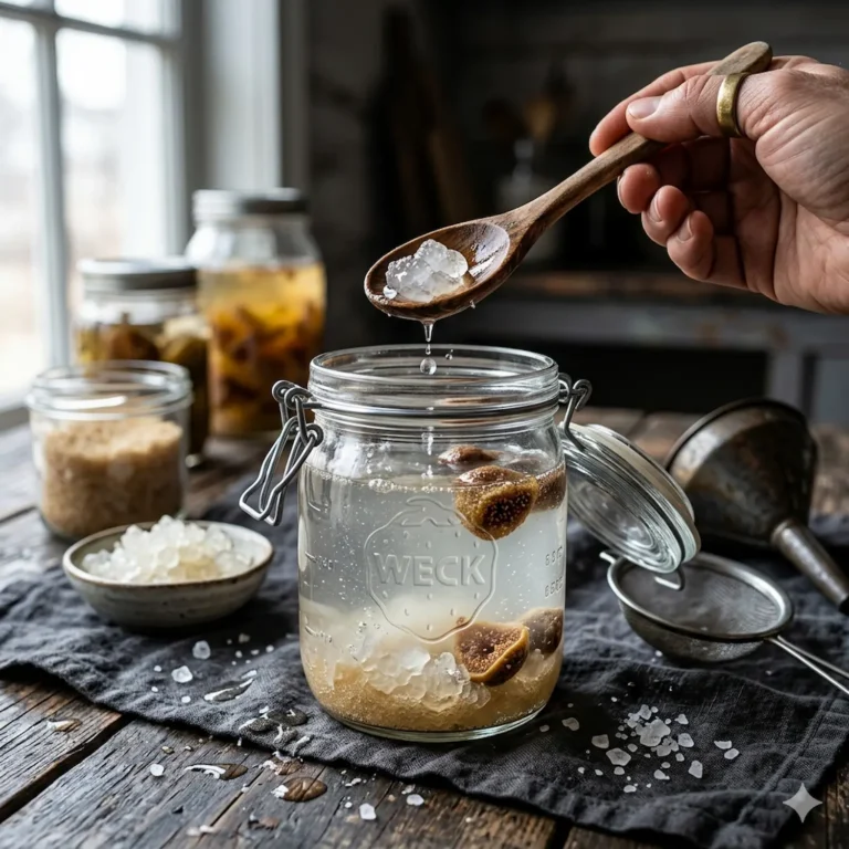 De benodigdheden voor waterkefir, inclusief kefirkorrels, gedroogde vijgen en citroen op een rustieke houten werkplank.