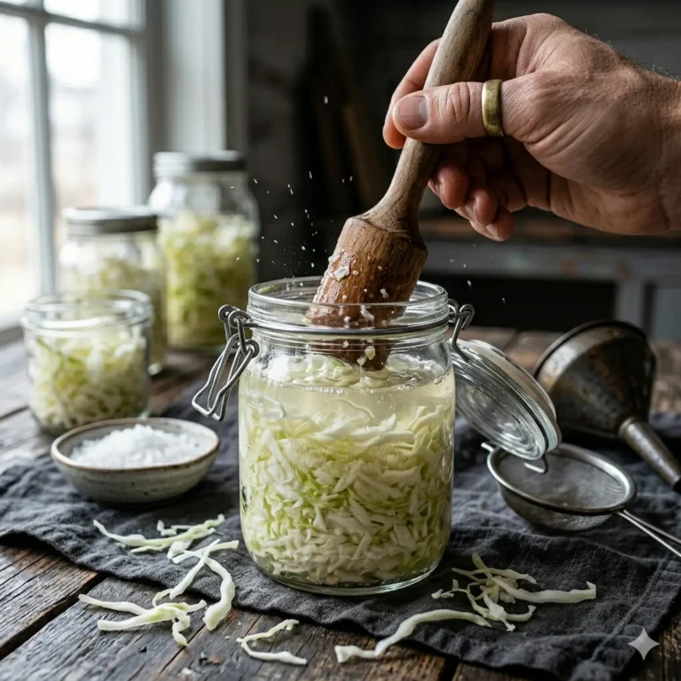 Zelfgemaakte witte zuurkool in een fermentatiepot, aangedrukt in zijn eigen pekel voor een optimale pro-biotische gisting.