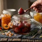 Traditionele suikerconservering van vruchten in een glazen bokaal, waarbij de siroop de textuur van het fruit prachtig conserveert.